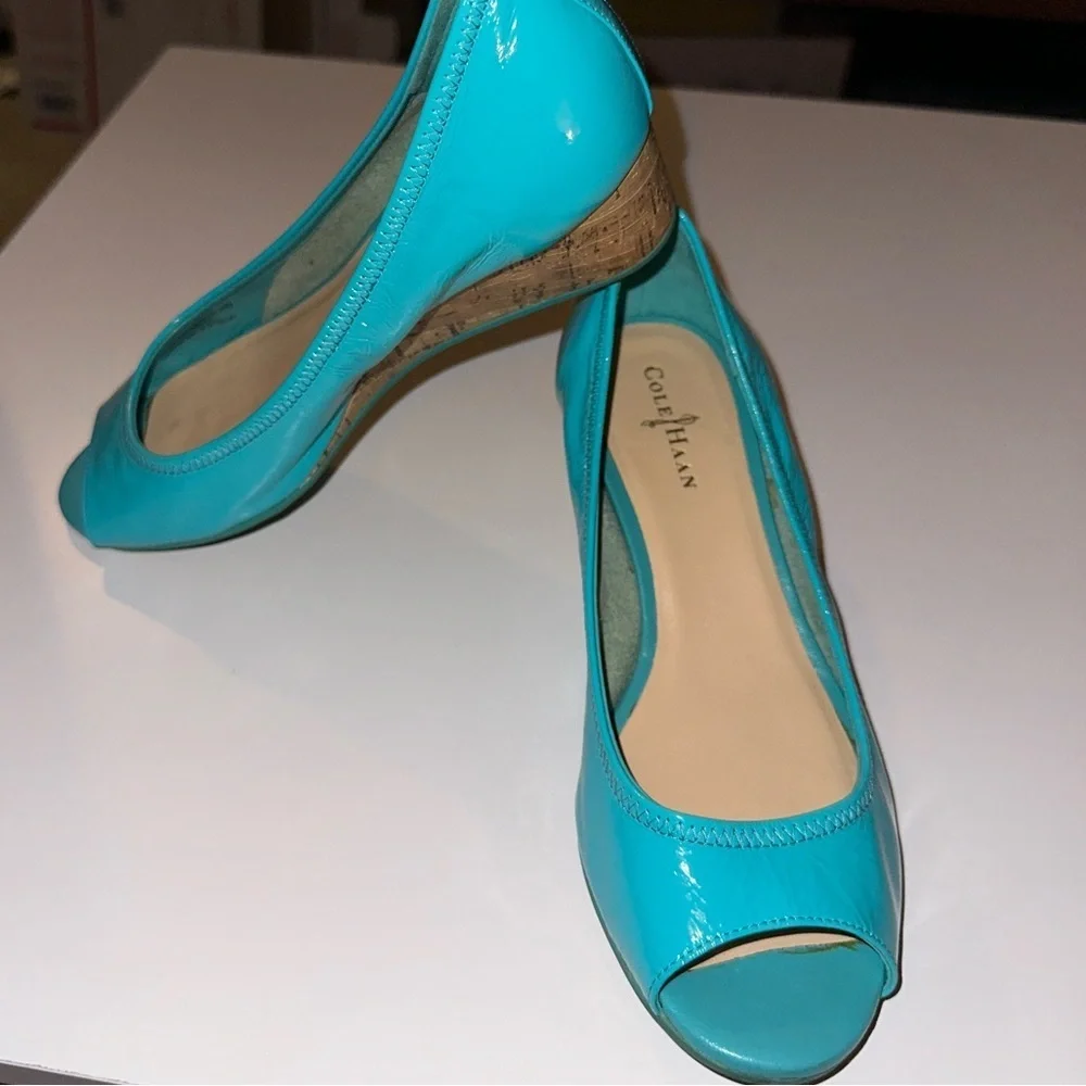 Cole Haan Turquoise Peep-Toe Wedge Flats